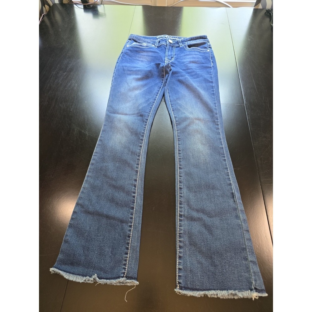 State of Independence Flare Jeans Size 3 Dark Wash Heavy Stitch Raw Hem Y2K Boho